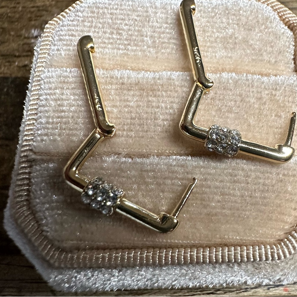 Gold 14k vermeil pave hoops Earrings simulated diamonds - Picture 3 of 3